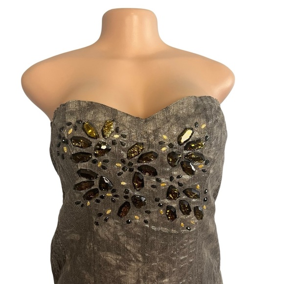 Mark & James Badgley Mischka Grey Silver Metallic Beaded Strapless Dress - Picture 4 of 11